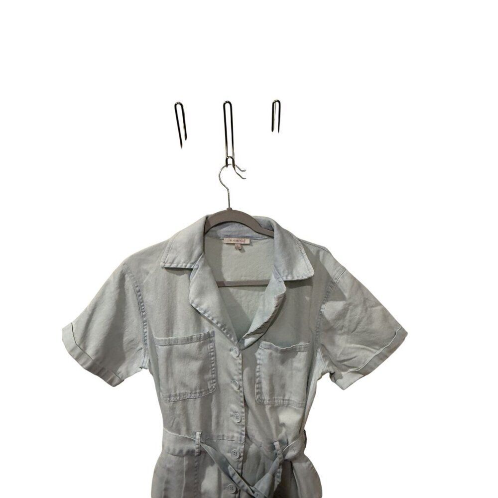 Womens Skies are Blue Light Wash Denim Utility Jumpsuit Belted Front Small - Picture 2 of 6